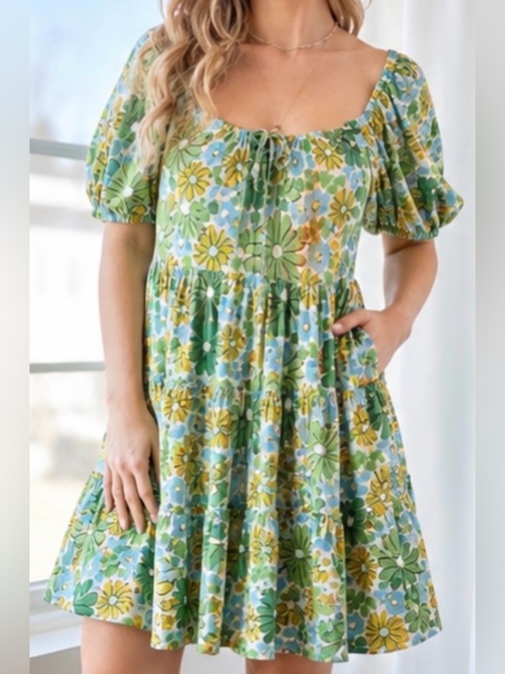 NWT Umgee Retro Daisy Floral Print Mini Dress Puff Sleeve Babydoll Large